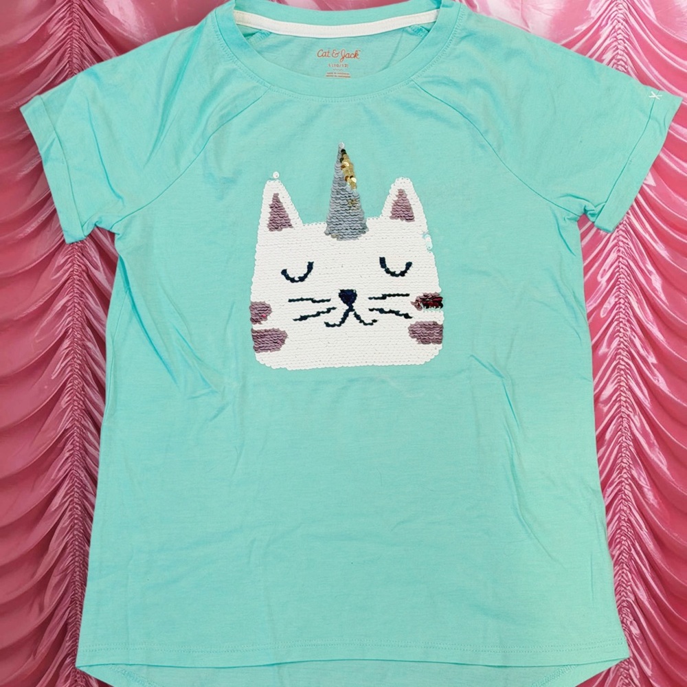 Cat & Jack Aqua Sequin Unicorn-Cat Short Sleeve Tee